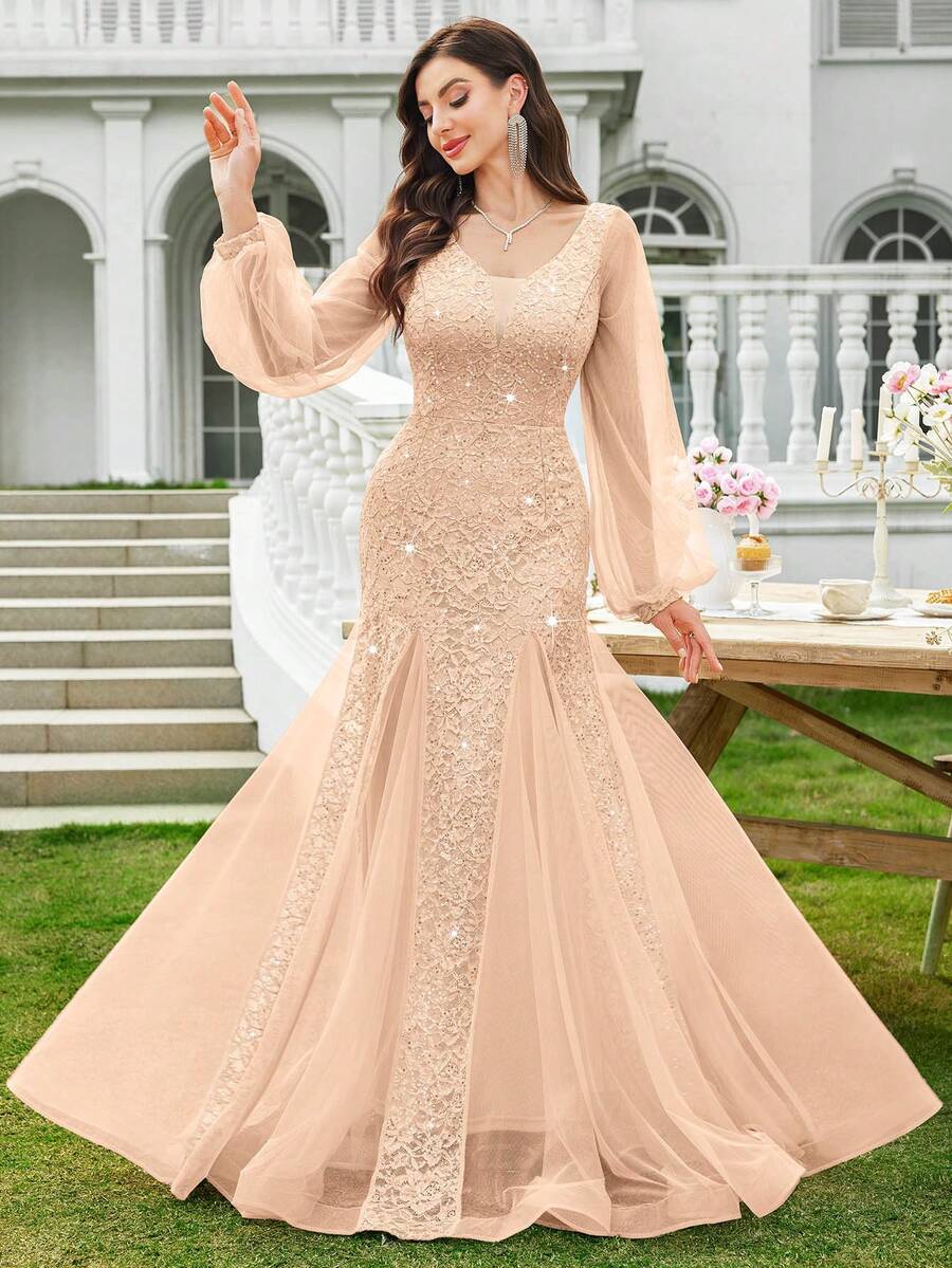 MIUSOL Đầm maxi dự tiệc trang trọng, ren hoa phối lưới tương phản, tay phồng, viền bèo nhún, dáng đuôi cá, thích hợp cho nữ, dạ hội trang trọng, dự tiệc prom, dự đám cưới, lễ tốt nghiệp, tiệc tối mùa xuân.