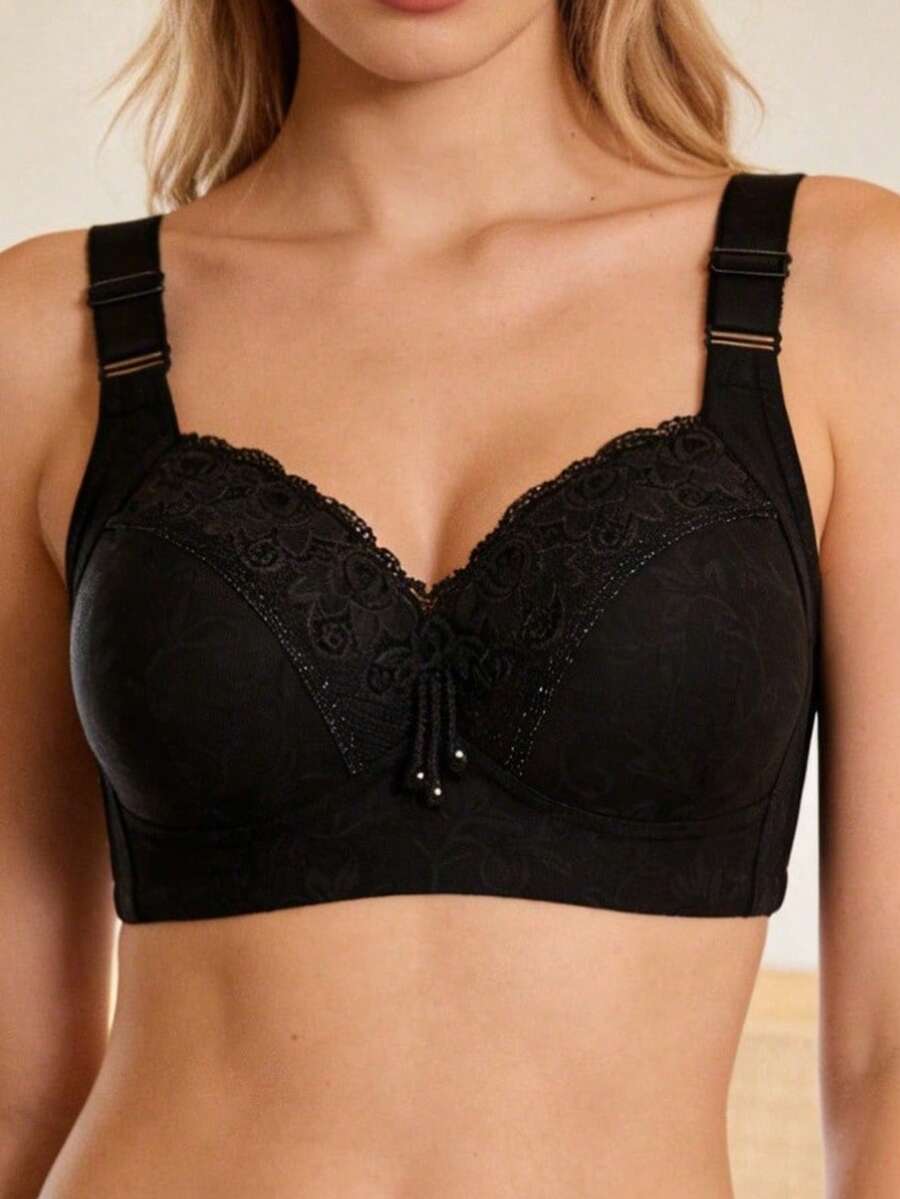 1 Áo ngực ren mỏng không đường may mềm mại không gọng có đệm với lưng khoét sâu, vừa vặn thoải mái, màu đen - màu đen - Xem 1