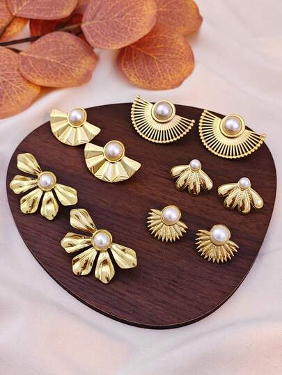 Creative Pearl Earring Set For Women, Gold Earring Set, Tassel Earrings, Fan-Shaped Earrings, Floral Earrings, Shiny Stainless Steel Jewelry, Personalized Earrings, Suitable For Daily Wear, Weddings, Parties, Holidays. Summer Beach Vacation Bikini Accessories, Beautiful Clothes, Fashions, Dresses, White T-Shirts, Sexy Jeans, Tight Clothes - Versatile Retro INS Style Earrings For Casual Daily Wear, Also Suitable As Surprise Gifts For Valentine's Day, Birthday, Mother's Day, Thanksgiving Or Vacation, Elegant Earrings
