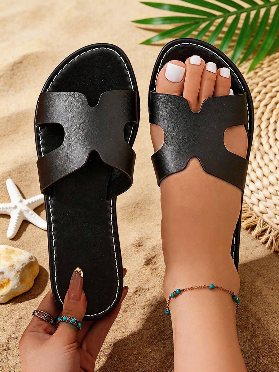 1 Pair Women's Open Toe Flat Sandals, Hollow Design, Casual & Lightweight, Black, Summer - Black - View 1