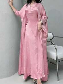 Áo Abaya thời trang nữ Trung Đông mới với họa tiết đính đá tinh tế (mẫu đá ngẫu nhiên) màu hồng mùa xuân - Hồng - Xem 3