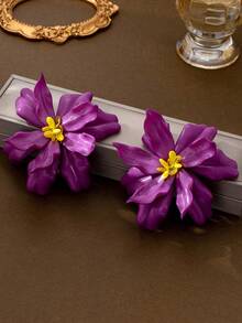 1 Pair Exaggerated Acrylic Flower & Bead Earrings, Fashion Unique Personalized Earrings For Women, Retro Elegant Vacation Style - Purple - View 4
