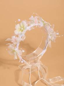 1pc Ethereal Flower Crown With Long Ribbons Hair Hoop, New Fairy Style Headband, Non-Tight Flyaway Hair Accessory - White Green - View 4