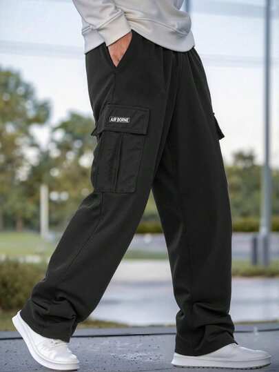 1 件 Tween Boy 休闲运动户外口袋和钩环字母装饰直筒工装裤，春秋季