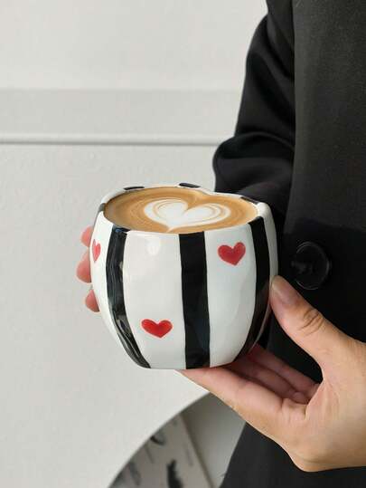 1pc Striped Heart Ceramic Coffee Mug, European Minimalist Ceramic Cup, Mug, Coffee Cup, Handleable Cup, Cute Afternoon Tea Cup, Home Breakfast Milk Cup, Juice Cup, Water Cup, Gift Mug, Drinkware
