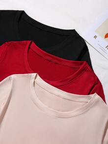 6件套女士纯色短袖和长裤休闲睡衣套装，夏季 - 彩色 - 查看 2