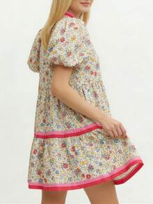 Women Y2K Babydoll Mini Dresses V Neck Puff Sleeve Short Dress Beach Sundress - 黃色 - 查看 3