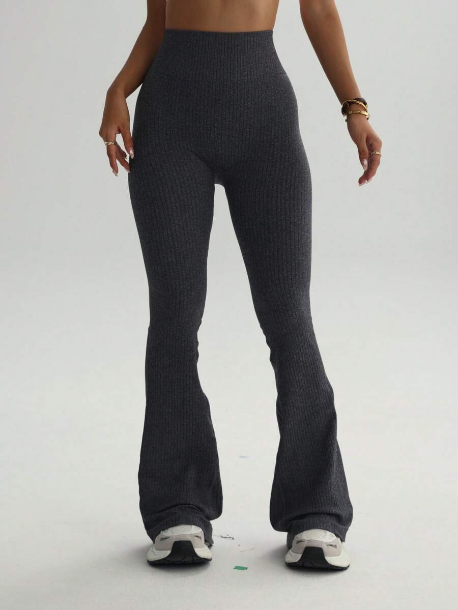 Legging Flare Bergaris Gaya Y2K Seksi Pinggang Tinggi Model Bootcut Celana Panjang Abu-abu Polos Elastis untuk Pemakaian Sehari-hari & Olahraga