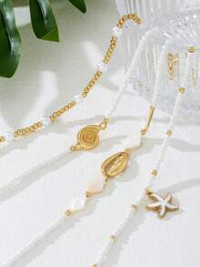Set de 4 piezas Tobillera elegante minimalista con estrella de mar y concha, adecuada para la playa, fiestas y uso diario - Blanco - Ver 5