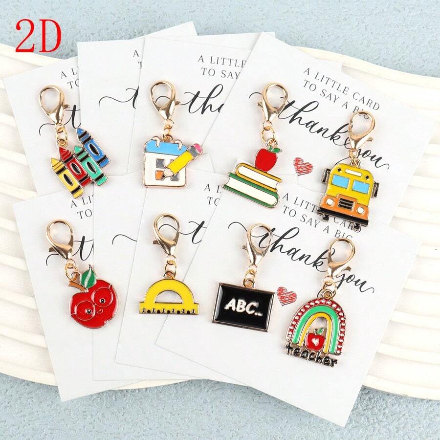 8pcs Elegant & Fashionable School-Themed Keychains With Thank You Card - Minimalist & Personalized Decorations, Cartoon School Elements Bag Charms; Suitable As Back To School Gifts, Teacher's Day Appreciation, Classmate Reunion Souvenirs. Practical And Full Of Campus Memories, Conveying Youth And Sincerity. Gifts For Mother, Father, Graduation, And Teacher - Multicolor - View 1