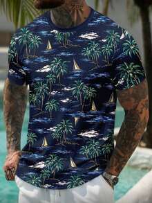 男士圆领椰树帆船印花休闲短袖T恤 - 彩色 - 查看 1