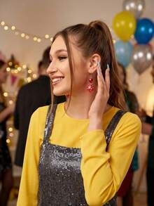 Y2K 时尚骰子耳环，通勤和日常佩戴皆宜 - 紅色 - 查看 3