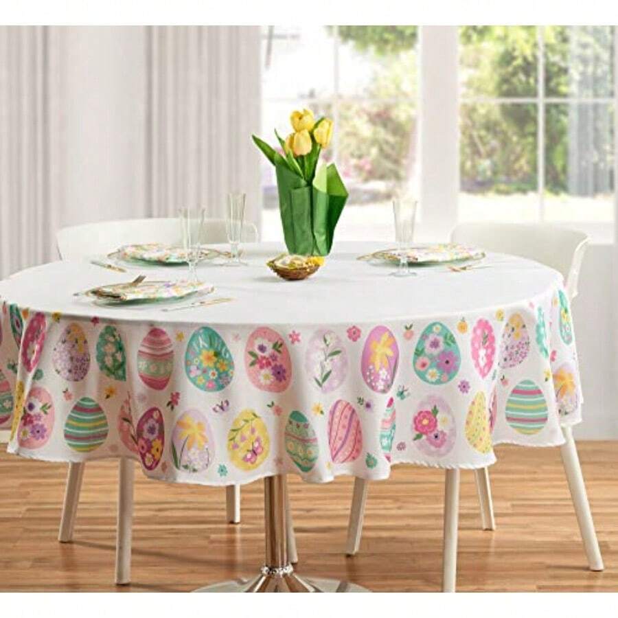 Kadut - Mantel redondo de tela de huevos de Pascua diseño elegante audaz y alegre de huevos de Pascua Redondo de 70 pulgadas para uso en interiores y exteriores. Mantel para primavera Pascua y verano. - Huevos de Pascua - Ver 1