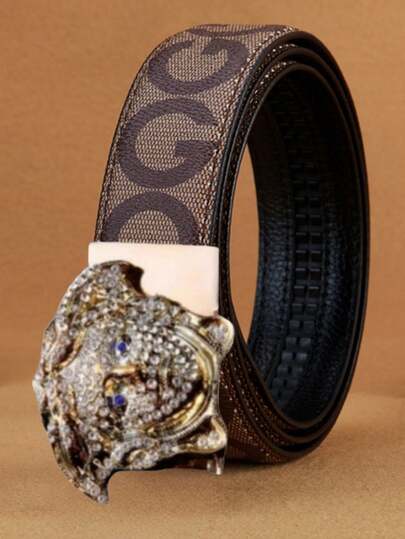 男士棘轮皮带，配金色美杜莎扣环 - 闪亮水晶字母印花腰带，可调节滑扣皮带