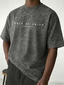 GRDR Men's Letter Print Washed Round Neck Short Sleeve T-Shirt, Comfortable & Breathable For Summer Wear - Dark Grey - View 4
