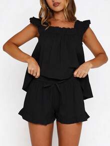 Women Summer Pajama Set Solid Flying Sleeve Tank Tops And Ruffle Shorts 2 Piece Casual Lounge Outfit - Black - View 3