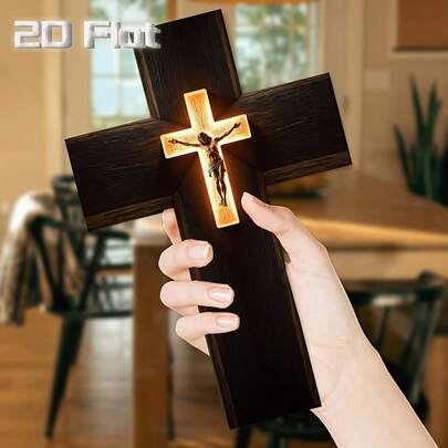 1pc Vintage Church Style Wooden Cross Wall Decor - 20.32x30.48 Cm, 2D Flat, Illuminated Jesus Figure, Ideal For Home & Religious Celebrations, Perfect Gift For Priests, Clergy, And Devout Christians, Religious Wall Art | Vintage Church Design | Illuminated Cross, Christian Wall Decor