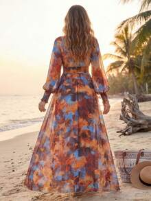 Women's Shirred, Cuff Drawstring, Random Floral Print Elegant Long Sleeve Maxi Dress Vacation - Multicolor - View 2