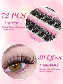 Rikuaild 72片自粘式蓬松假睫毛，10-16毫米混合长度，无需胶水，DIY专用簇状假睫毛，预粘睫毛簇，自然纤长D卷翘睫毛，无需胶水或卸妆产品 - D - 查看 2