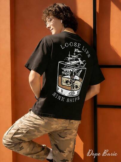 Loose Lips Sink Skull Ship Graphic T-Shirt, 100% Pure Cotton Men Streetwear Top, Versatile Inner Or Outer Summer Outfit, Perfect Mens Fashion Gift