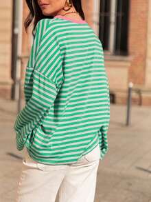 Women's Striped Casual Versatile Long Sleeve Top For Daily Wear Spring - Green-gray - View 2