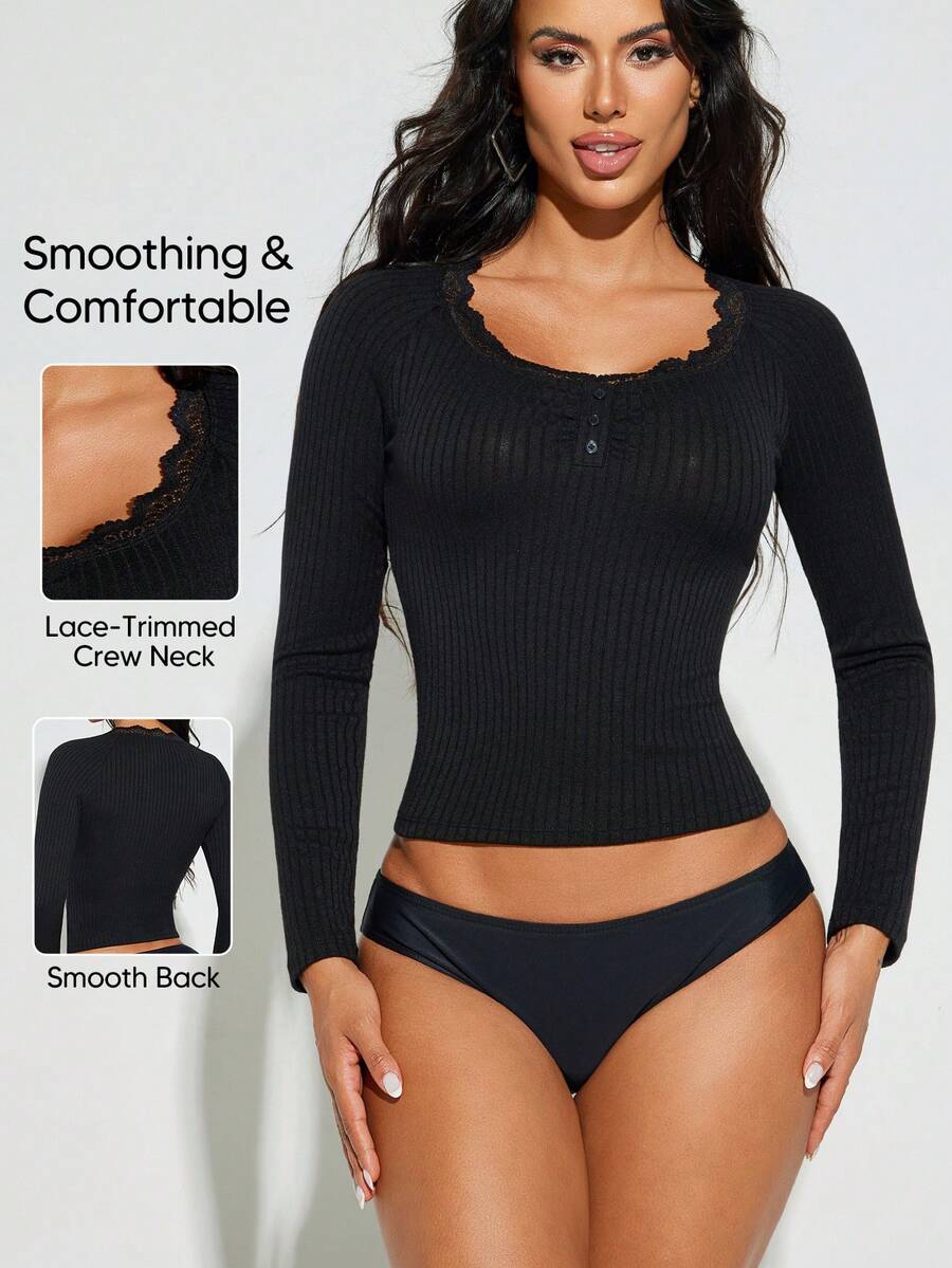 纯色长袖休闲上衣方领性感女式T恤秋季服装 - 黑色 - 查看 1