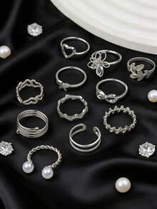 22/33/44pcs/Set Exquisite Fashion Elegant Unisex Rings With Rhinestones Hollow Design And Faux Pearls, Romantic Date Gift, Daily Wear Jewelry - Artificial Pearl Rhinestone Silver Pinky Ring - View 5