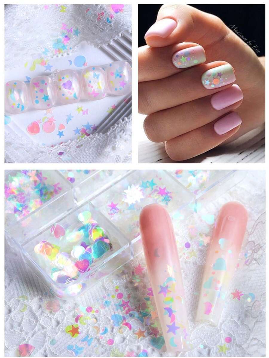 1 Hộp Kim Tuyến Trang Trí Móng Tay Mùa Hè Hình Ngôi Sao Bướm Trái Tim Nàng Tiên Cá, Kim Tuyến Lấp Lánh, Phụ Kiện Làm Móng