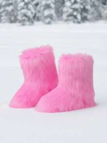 Womens Faux Fur Snow Boots Round Toe Non Slip Fuzzy Fluffy Mid Calf Warm Winter Boot For Ladies Goth Y2K Slip On Party Shoes Casual Dressy Wedding Riding Fashion Dressy Short Indoor Outdoor Boots For Women - Hồng - Xem 8