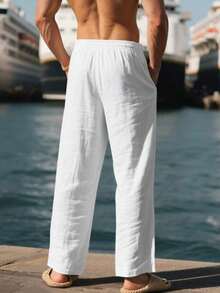 Pantalones deportivos casuales sueltos y transpirables de lino para hombres, adecuados para la playa, primavera/verano - Blanco - Ver 4