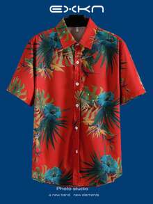 Tropical Paradise Pattern With  Green Palm Leaves And Vivid Blue Hibiscus Flowers Symbolizing Freedom And Vitality 3D Print Hawaiian Style Men's Button Up Casual Short Sleeve Shirt - A508D-AT22711 - 查看 3