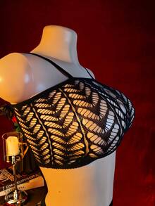 半透明镂空针织吊带背心内衣套装，高弹面料，无袖修身两件套 - 黑色 - 查看 4