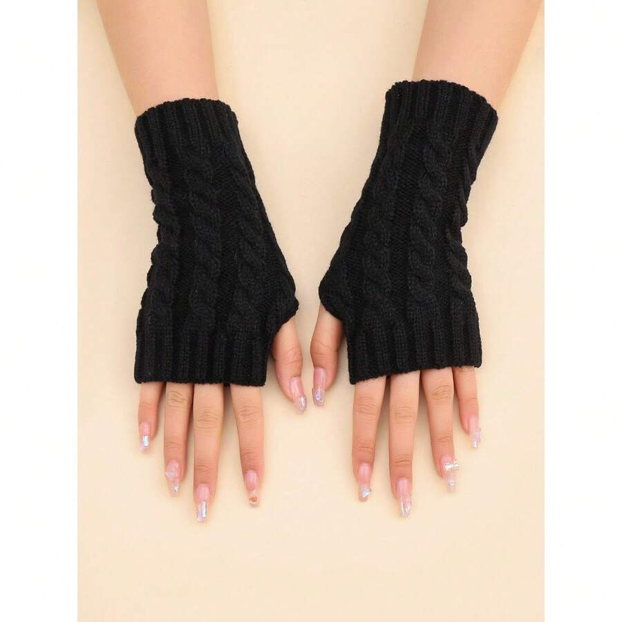 Short 100% Linen Fingerless Gloves In Black, Suitable For Autumn/Winter Warmth Valentine's Day - 黑色 - 查看 1