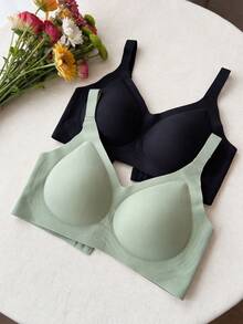 2pcs Plus Size Women Solid Color Minimalist Comfortable Non-Sagging Bras - Multicolor - View 2