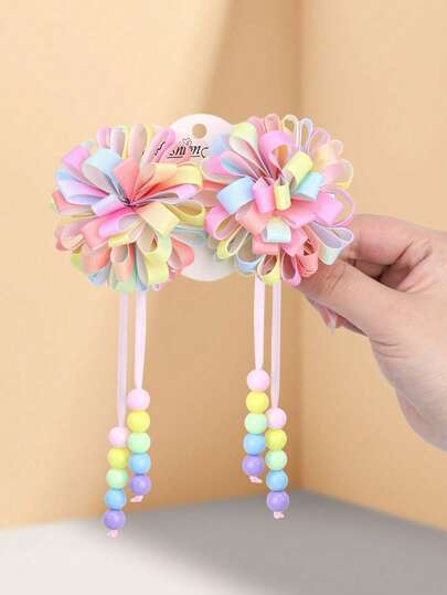 2 piezas/1 pieza Pinzas para el cabello con borlas en rosa, morado y azul, adecuadas para niñas, pinzas de cocodrilo de satén rosa, morado y azul, pinzas para el cabello con borlas y pompones de cuentas, regalos para bodas y fiestas, accesorios para el cabello para adolescentes