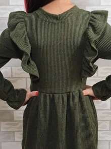 Vestido Inverno Infantil e Juvenil para Meninas e Adolescentes Canelado Ribana com Detalhes de Botão Vestido Midi Teen Frufru Babado Outono e Inverno (VINF432) - Preto - Visão 3
