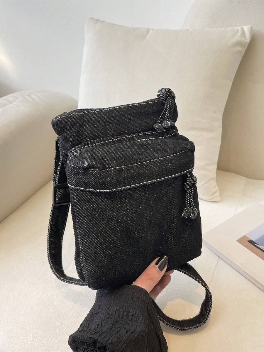 Borsa da telefono casual in denim con design a cerniera, adatta per uscite quotidiane, pendolarismo per lavoro, può essere indossata come borsa a spalla o a tracolla