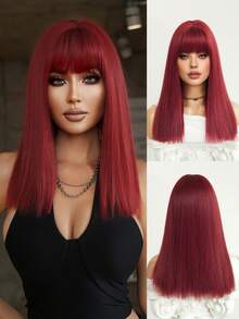 7JHH WIGS High Quality Shoulder Length Straight Wigs For Women 16 Inch Elegant Purple Red Wigs With Bangs, Soft Silky Heat-Resistant Synthetic Fiber Hairpiece For Daily Wear, Costume Cosplay & Music Festival Use, Graduation Gift & Mother's Gift Wig Accessory - 中紫紅色 - 查看 2