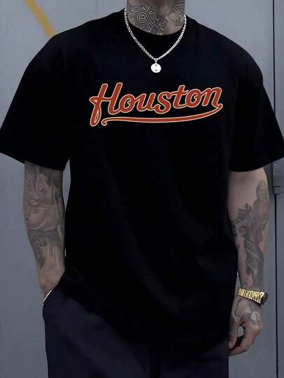 soft1pcs Camiseta Deportiva para Hombre con Estampado de Letras de Houston, 220g, Ropa Casual Urbana, 100% Algodón, Camiseta con Estampado Gráfico Digital, Manga Corta de Verano, Corte Holgado, Topcool