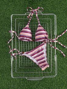 New Stylish Halter Neck Tie-Up Striped Bikini Set For Women, Includes Triangle Top And Bottom Vacation - Nhiều màu - Xem 5