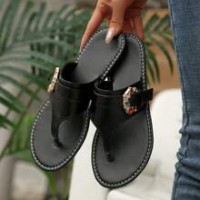 Elegantes chanclas con puntera cuadrada y hebilla con brillantes de colores, uso casual y cómodo para el verano - Negro - Ver 12