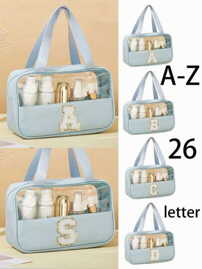 Bolsa de maquillaje de cremallera transparente de PVC, bolsa organizadora de cosméticos impermeable de gran capacidad, bolsa de aseo de viaje transparente, bolsa de cosméticos con bordado personalizado de A-Z, bolsa de aseo de viaje unisex, bolsa de aseo semi-transparente con asa, bolsa organizadora de cosméticos, bolsa de playa, artículo esencial de playa, bolsa de maquillaje de viaje, artículo esencial de baño para dormitorio universitario, artículo esencial de viaje, regalo para mujeres/amigos/novia, regalo de cumpleaños