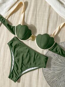 Bikinx 优雅女士绿色高腰比基尼套装，露背细肩带设计，金色贝壳装饰，高弹力泳衣，适合夏季海滩度假穿着 - 橄欖綠 - 查看 4