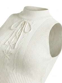 法式时尚辣妹针织吊带背心，夏季简约露背系带无袖短款上衣 - 杏色 - 查看 10