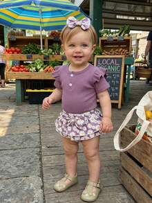 Newborn Baby Girls Summer Outfit Short Sleeve Romper Daisy Print Layered Ruffled Shorts Headband 3Pcs Clothes Set - 紫色 - 查看 4