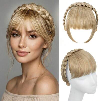 4英寸女士发箍式假发，带编织刘海，新款时尚一体式刘海发箍假发，自然逼真的发饰，多种颜色可选，采用高温合成纤维制成，易于佩戴且不易变形，适合日常生活、派对和毕业典礼等场合。