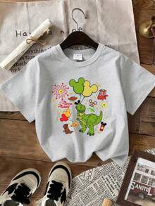 Disney  Toy Story Rex T-Shirt Kids Graphic Tee 2-14Y Unisex Soft Cotton Blend Short Sleeve Summer Vacation Birthday Party Top Express Delivery - 灰色 - 查看 1