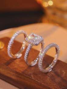 3 pièces Ensemble de bagues carrées en zircone cubique élégantes et glamour pour femmes, convient pour la décoration quotidienne, cadeau parfait pour elle pour la remise des diplômes/la rentrée, la Saint-Valentin, la Fête des Mères - Argent - Voir 2