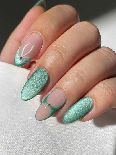 24片绿色猫眼超短方形按压式美甲，小巧短方形粘贴式美甲，女士礼物，浅绿色金属闪光亮面可重复使用凝胶按压式亚克力假指甲，带图案