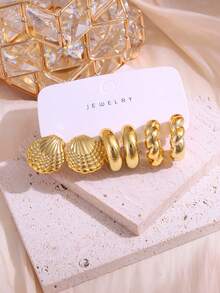 Set de 6/18 piezas de aretes con diseños de estrella de mar, concha, gota de agua lisa, corazón y forma de C, adecuado para usar en verano, viajes y vacaciones - Dorado - Ver 4